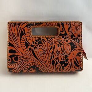 Tooled Leather Clutch Purse Floral Orange Black Handbag Whipstitch Made in India